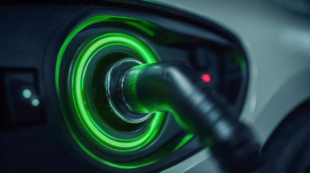 A sleek, high-tech charging hub featuring a vibrant green glow encircling the station, symbolizing eco-friendly innovation and cutting-edge mobility solutions.の写真素材