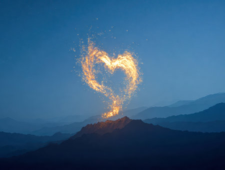 A luminous crimson heart ascends amidst jagged mountain summits, illuminated by twilight, with layered azure hills in the background, evoking wonder and enchantment.の写真素材