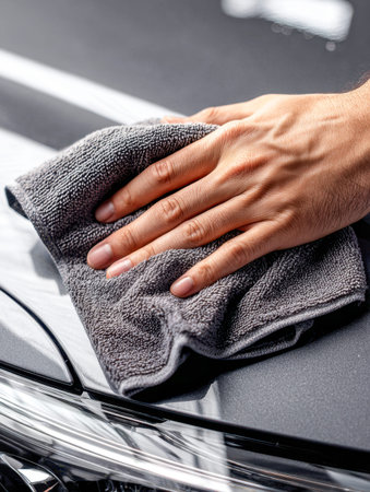 A meticulous individual gently buffs a sleek, dark car's hood and headlamp with a soft gray cloth,...