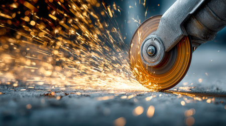 A close-up of an industrial worker operating a powerful grinding device, emitting a shower of bright sparks as the abrasive wheel shapes a metallic surface.の写真素材