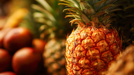 A colorful array of lush tropical fruits, featuring a juicy pineapple at the center, illuminated by...