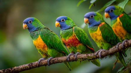 A lively assembly of multicolored parrots with striking blue heads and vivid green and yellow...