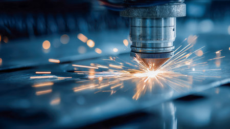 A state-of-the-art industrial setup showcasing automated tools slicing metal with streaks of glowing...