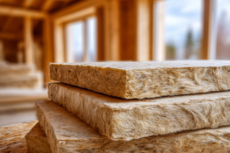 Warm-toned insulation panels crafted from renewable wood fibers are neatly arranged within a timber frame, emphasizing sustainable materials and energy-efficient sheの写真素材