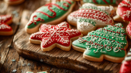 Colorful holiday treats featuring detailed icing artwork in the shape of Christmas trees and vibrant...