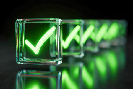 A sleek arrangement of luminous emerald check symbols encased in clear cubes, reflecting elegantly on a dark, glossy surface, symbolizing achievement and validation.の写真素材