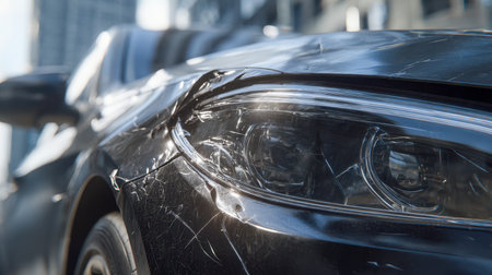 A high-end vehicle with visible impact damage, including a scuffed fender and shattered headlamp, mirrors a bustling city skyline under bright daylight.の写真素材