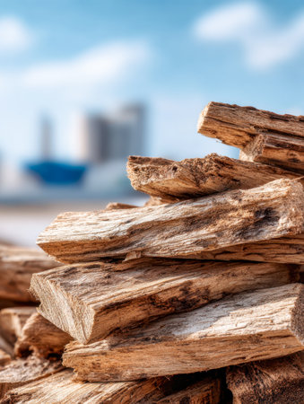 A close-up of neatly stacked timber pieces, with an out-of-focus cityscape and a vibrant blue sky dotted with gentle white clouds providing a peaceful backdrop.の写真素材