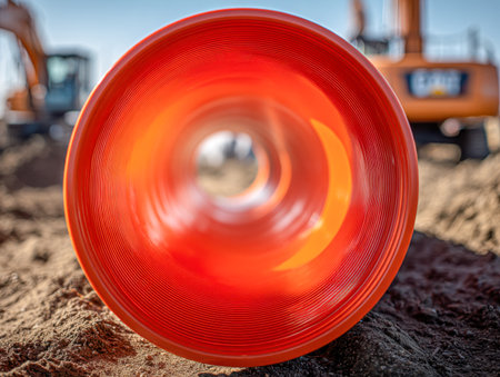 A bright orange conduit rests on rugged soil amidst a bustling construction zone, with heavy machinery out of focus against a clear, sunny sky.の写真素材
