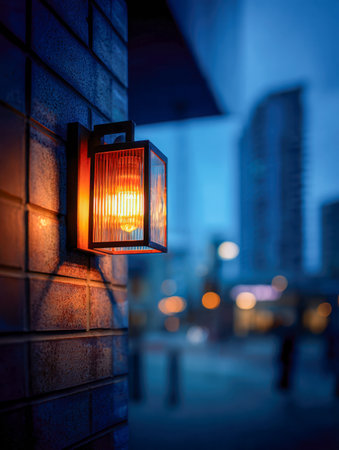 A cozy wall lantern emits a soft amber glow, illuminating weathered brickwork amid twilight, with city lights blurring into the evening scene?s urban charm.の写真素材