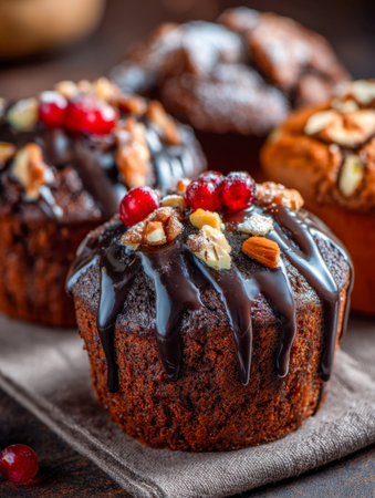 Rich, moist chocolate muffins crowned with crunchy nuts, vibrant red berries, and a shiny dark chocolate glaze evoke warmth and indulgence on a textured fabric backdの写真素材