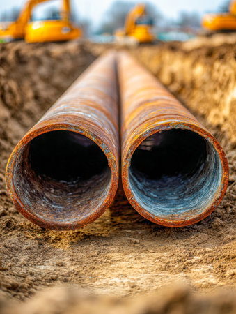 Massive aged steel conduits rest within a dug-out earth channel, with earth mounds nearby and construction equipment actively shaping a busy industrial area.の写真素材