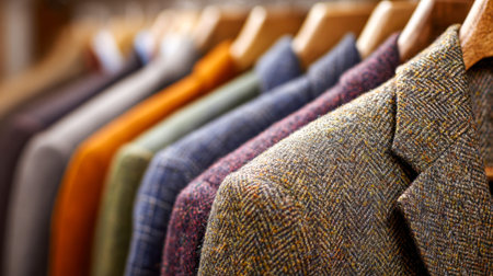 A vibrant display of knitted jackets arranged on rustic wooden hangers, highlighting rich textures...