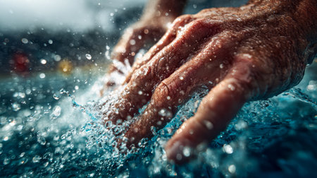 Vibrant sunlight bathes a pair of hands as water erupts in lively droplets, embodying renewal and fresh vitality amid a bright, outdoor setting.の写真素材