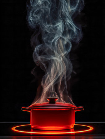 A vibrant red cauldron releases curling steam above a lit stovetop, illuminated by an intense orange glow, creating a cozy, mysterious kitchen atmosphere.の写真素材