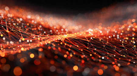 A futuristic digital scene featuring luminous points connected by vibrant orange lines, creating a...