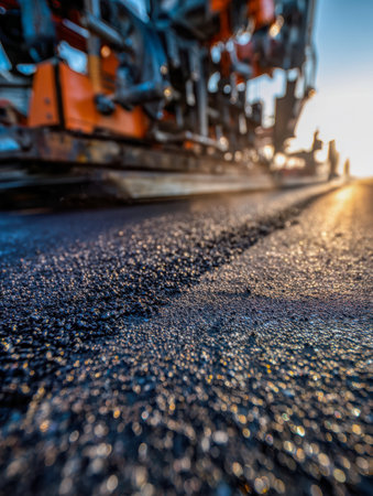 A detailed shot captures newly poured blacktop, with construction equipment and workers softly illuminated by warm, golden hour sunlight, highlighting progress and cの写真素材