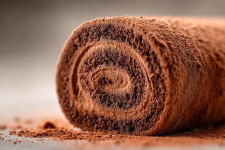 A luscious chocolate cake roll with a velvety exterior, generously coated in dark cocoa, revealing tender, swirled layers that promise sweet satisfaction and comfortの写真素材
