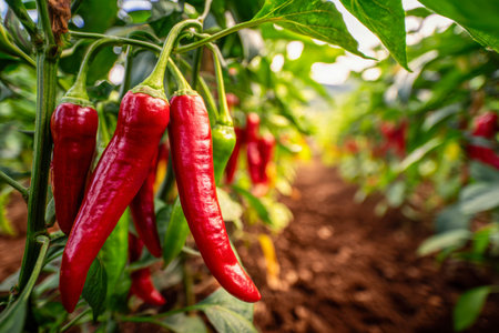 Bright red chilies ripen amidst abundant green foliage, basking in warm sunlight within a thriving garden, symbolizing vitality and bountiful harvest.の写真素材