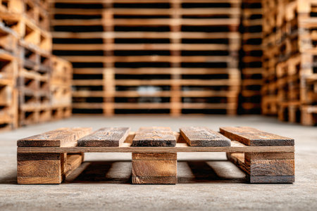 A weathered wooden platform rests on a rough concrete surface, with rows of similar crates fading into the distance, capturing an organized industrial setting.の写真素材