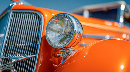 A vibrant orange classic car gleams under a bright sun, its polished chrome accents catching the...