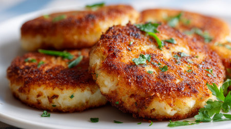 Crisp, golden brown potato rounds topped with vibrant parsley leaves, beautifully arranged on a...