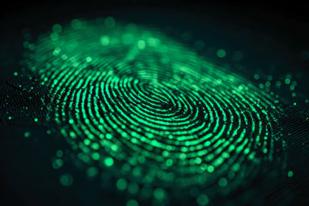 A luminous green fingerprint design emitting a soft glow, representing advanced biometric safeguards amid a sleek, blurred digital environment emphasizing cybersecurの写真素材