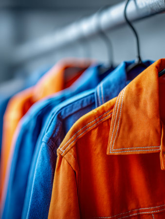 Brightly colored safety jackets with detailed stitching are displayed on sturdy metal hangers, basking in gentle natural light in an industrial workspace.の写真素材