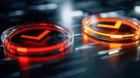 A sleek, high-tech control panel featuring illuminated red and orange indicators on transparent,...