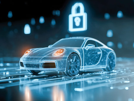 A sleek, luminous vehicle outline shimmers against a digital backdrop of floating security icons and...