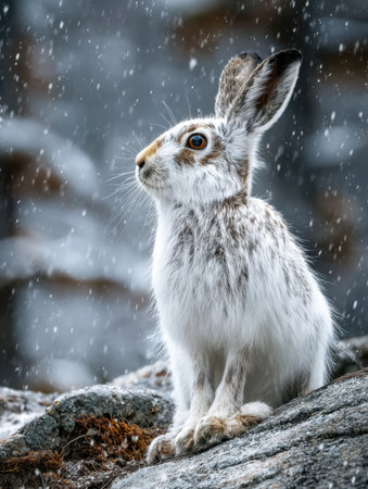 A hardy mountain hare with dense, frost-kissed fur perches attentively on rugged stones amidst softly drifting snow, embodying peaceful winter resilience.の写真素材