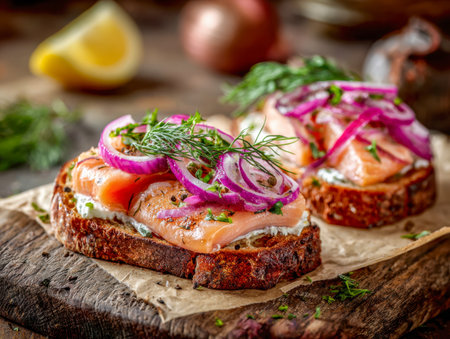 A handcrafted, rustic-style open sandwich layered with delicate smoked salmon, velvety spread, vibrant dill, and tangy pickled onions, all perched on crunchy toastedの写真素材
