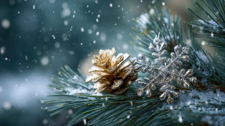 A shimmering silver snowflake adorns a shiny golden pine cone, both resting among icy pine branches as gentle snow descends, evoking warm holiday cheer.の写真素材