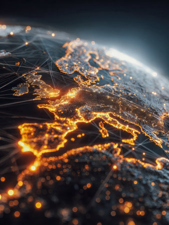 A luminous satellite perspective of Europe showcasing vibrant digital pathways that symbolize extensive network links illuminating the continent's connectivity durinの写真素材