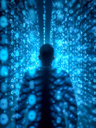 A solitary figure immersed in a luminous, high-tech corridor bathed in vibrant blue hues, where cascading binary streams evoke a visionary realm of virtual interconnの写真素材