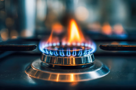 Vibrant blue and orange tongues of fire dance atop a sleek stainless steel cooktop, set in a cozy kitchen ambiance with a softly blurred background.の写真素材