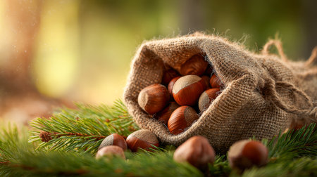 A textured burlap bag brimming with ripe hazelnuts sits atop fragrant pine sprigs, set against a gentle, sunlit woodland scene evoking autumnal comfort.の写真素材