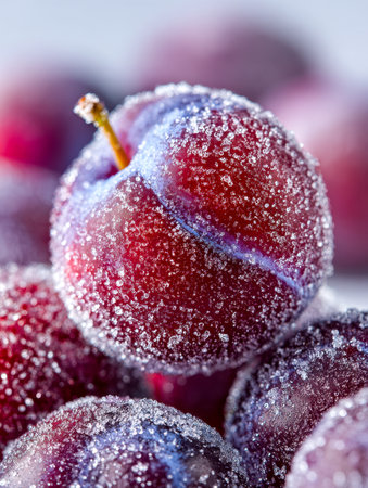 Vibrant red plums capped with shimmering frost, illuminated softly to evoke a crisp winter atmosphere in a detailed fruit scene.の写真素材