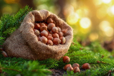 A cozy outdoor scene featuring a textured burlap bag pouring ripe hazelnuts over lively pine buffs, with golden sunlight enhancing autumn's warm, inviting mood.の写真素材