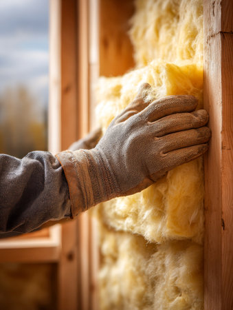 A construction professional in safety gloves carefully places vibrant yellow insulation within timber framing, enhancing the home's thermal performance and internalの写真素材