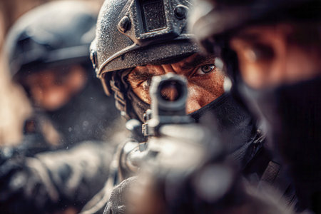 An alert operative in tactical gear concentrates intently while aiming a firearm, exemplifying resolve and readiness during dynamic combat simulation.の写真素材
