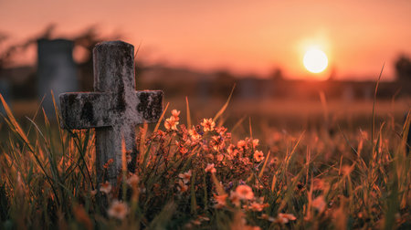 A rustic stone cross stands gently amidst blooming wildflowers, bathed in warm sunset light, evoking tranquility and contemplative solitude in nature's serenity.の写真素材
