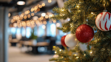 Vibrant holiday decor adorns lush pine branches illuminated by cozy lighting, adding cheerful elegance to a sleek office environment during festive celebrations.の写真素材