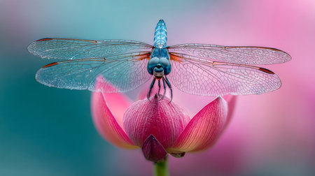 Amid gentle pastel shades of teal and pink, a striking blue dragonfly with delicate, see-through wings graces a blooming pink blossom in a serene, nature-inspired scの写真素材