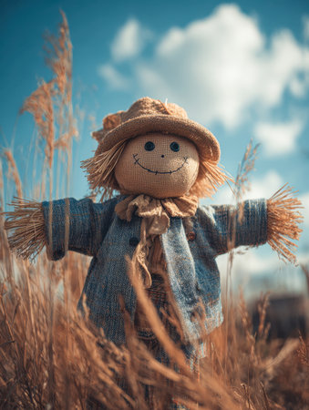 A jolly straw-filled figure in a vibrant blue coat and straw hat brings a lively touch to a sprawling autumn harvest, surrounded by shimmering golden grains beneathの写真素材
