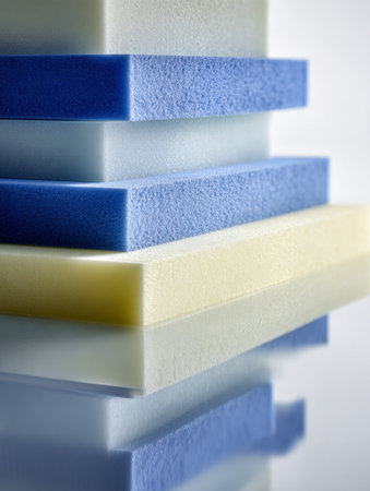 Vibrant foam layers in blue, white, and yellow rest on a polished surface, their textured details and gentle contours creating an abstract, tactile composition.の写真素材