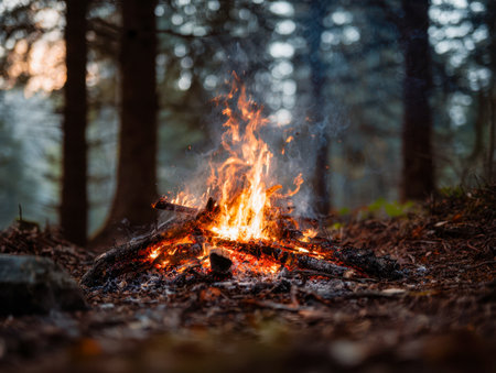 Warm flames flicker amidst dense trees, casting a rich glow as embers glow and smoke drift upward at dusk, creating a peaceful woodland atmosphere.の写真素材