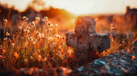 An aged stone memorial adorned with vibrant wildflowers glows softly in the warm light of dusk, evoking serenity and timelessness in a tranquil cemetery setting.の写真素材