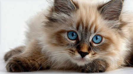 A soft, adorable kitten with icy blue eyes rests peacefully, gazing inquisitively at the viewer amid a luminous, plain backdrop, capturing sweet curiosity.の写真素材