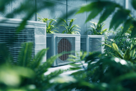 Sleek cooling systems line a city building's exterior amid thriving greenery, embodying a contemporary, sustainable urban landscape harmony.の写真素材